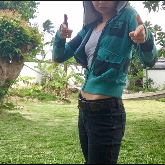 [BillaBong] Plaid Turquoise Furry Hooded Jacket - Picture 2 of 6